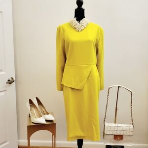 Elegant Yellow Long-Sleeve Asymmetric Sheath Dress
